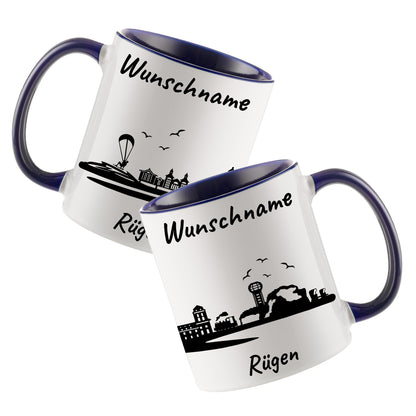 Tasse in Dunkelblau 330ml bedruckt mit der Skyline von Rügen personalisierbar mit Wunschname