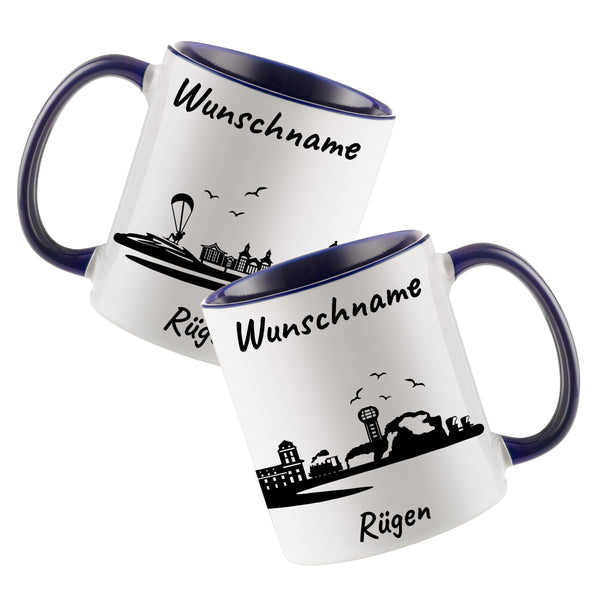 Tasse in Dunkelblau 330ml bedruckt mit der Skyline von Rügen personalisierbar mit Wunschname