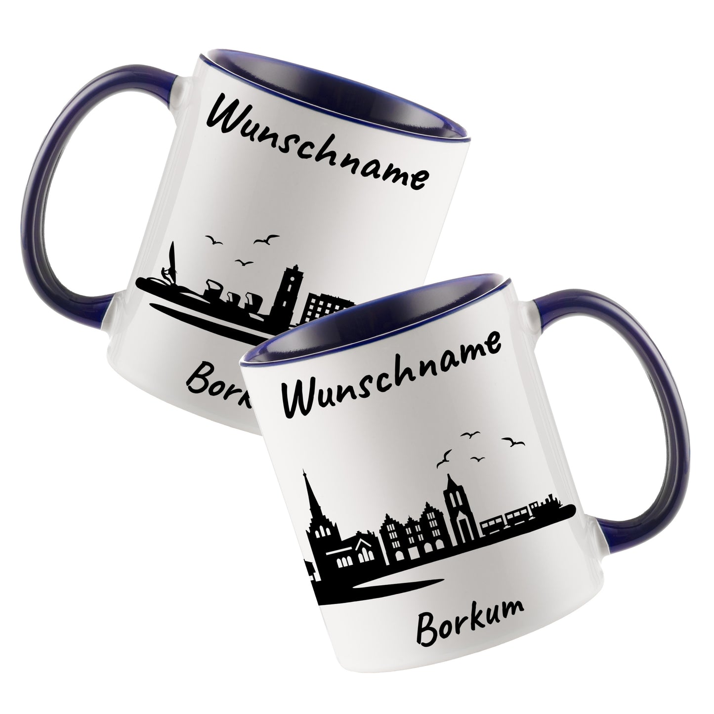 Tasse in Dunkelblau 330ml bedruckt mit der Skyline von Borkum personalisierbar mit Wunschname