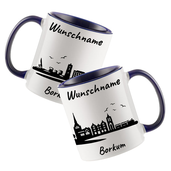 Tasse in Dunkelblau 330ml bedruckt mit der Skyline von Borkum personalisierbar mit Wunschname
