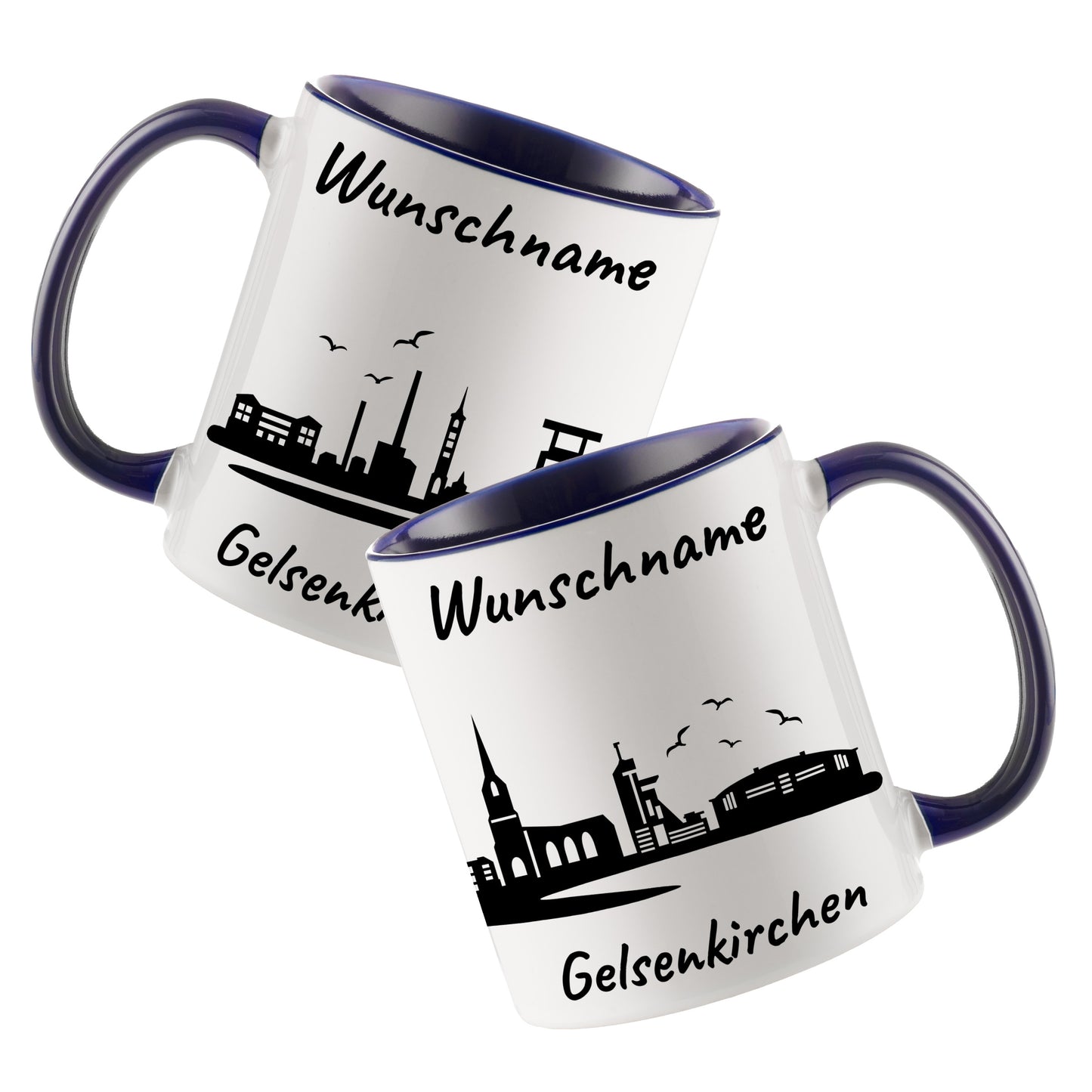 Tasse in Dunkelblau 330ml bedruckt mit der Skyline von Gelsenkirchen personalisierbar mit Wunschname