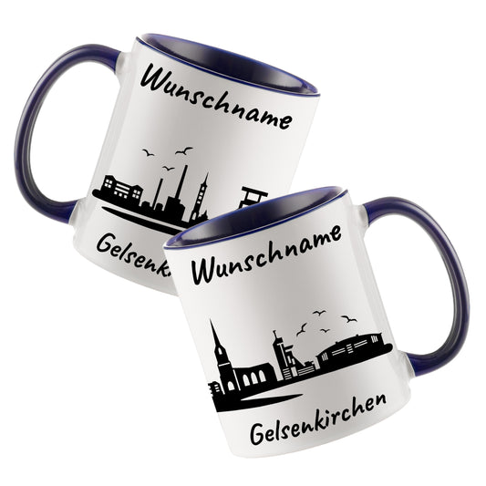 Tasse in Dunkelblau 330ml bedruckt mit der Skyline von Gelsenkirchen personalisierbar mit Wunschname