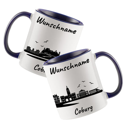 Tasse in Dunkelblau 330ml bedruckt mit der Skyline von Coburg personalisierbar mit Wunschname