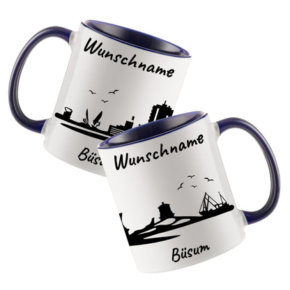 Tasse in Dunkelblau 330ml bedruckt mit der Skyline von Büsum personalisierbar mit Wunschname