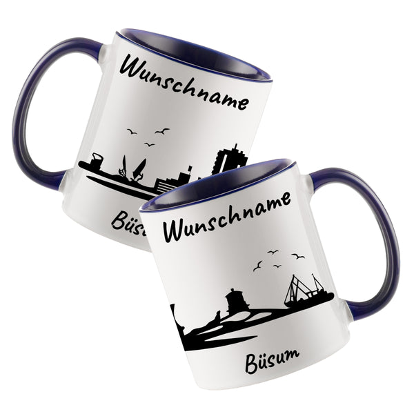 Tasse in Dunkelblau 330ml bedruckt mit der Skyline von Büsum personalisierbar mit Wunschname