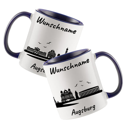 Tasse in Dunkelblau 330ml bedruckt mit der Skyline von Augsburg personalisierbar mit Wunschname