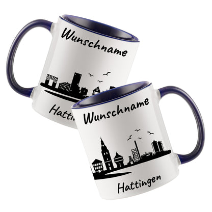 Tasse in Dunkelblau 330ml bedruckt mit der Skyline von Hattingen personalisierbar mit Wunschname