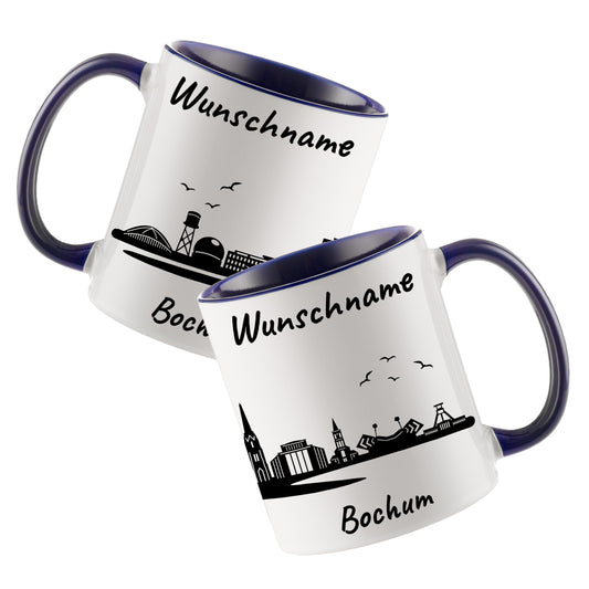 Tasse in Dunkelblau 330ml bedruckt mit der Skyline von Bochum personalisierbar mit Wunschname
