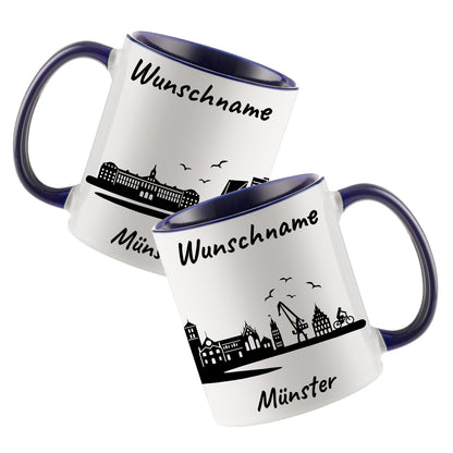 Tasse in Dunkelblau 330ml bedruckt mit der Skyline von Münster personalisierbar mit Wunschname