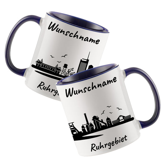 Tasse in Dunkelblau 330ml bedruckt mit der Skyline von Ruhrgebiet personalisierbar mit Wunschname