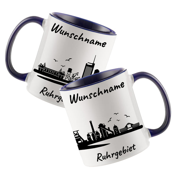 Tasse in Dunkelblau 330ml bedruckt mit der Skyline von Ruhrgebiet personalisierbar mit Wunschname