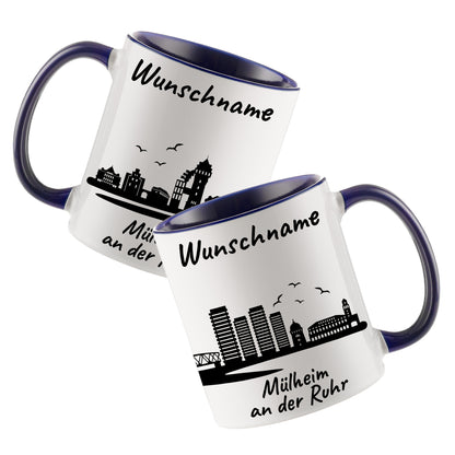 Tasse in Dunkelblau 330ml bedruckt mit der Skyline von Mülheim an der Ruhr personalisierbar mit Wunschname