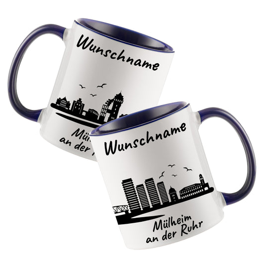 Tasse in Dunkelblau 330ml bedruckt mit der Skyline von Mülheim an der Ruhr personalisierbar mit Wunschname