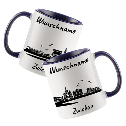 Tasse in Dunkelblau 330ml bedruckt mit der Skyline von Zwickau personalisierbar mit Wunschname