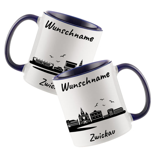 Tasse in Dunkelblau 330ml bedruckt mit der Skyline von Zwickau personalisierbar mit Wunschname