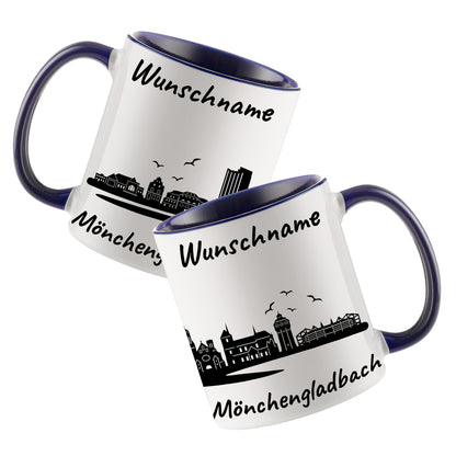 Tasse in Dunkelblau 330ml bedruckt mit der Skyline von Mönchengladbach personalisierbar mit Wunschname