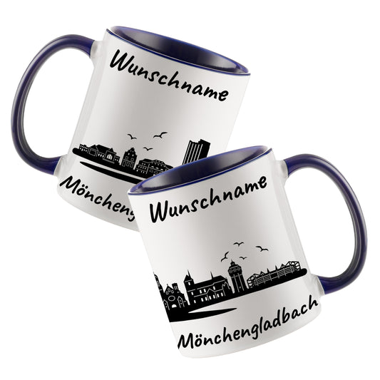 Tasse in Dunkelblau 330ml bedruckt mit der Skyline von Mönchengladbach personalisierbar mit Wunschname