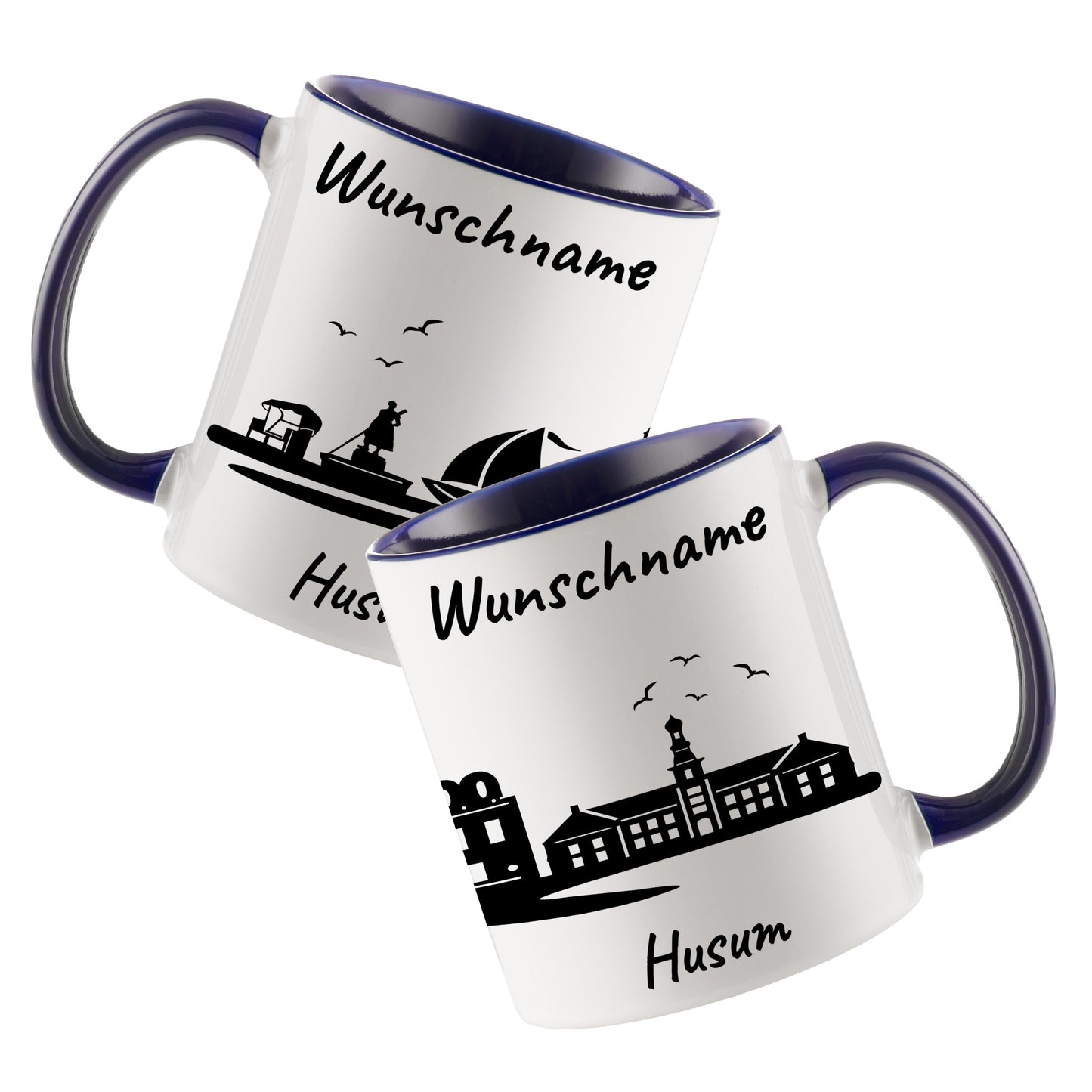 Tasse in Dunkelblau 330ml bedruckt mit der Skyline von Husum personalisierbar mit Wunschname