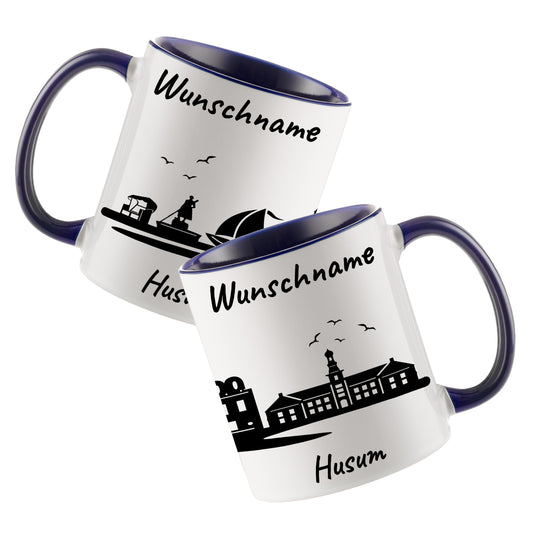Tasse in Dunkelblau 330ml bedruckt mit der Skyline von Husum personalisierbar mit Wunschname