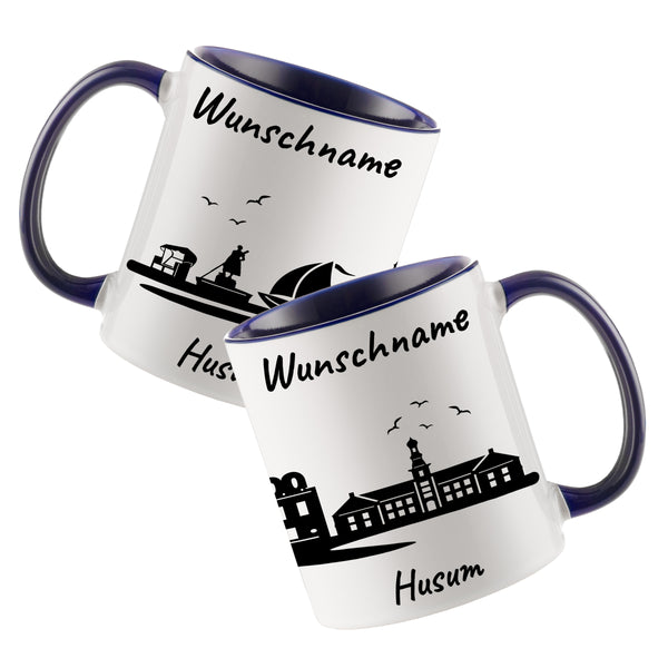 Tasse in Dunkelblau 330ml bedruckt mit der Skyline von Husum personalisierbar mit Wunschname