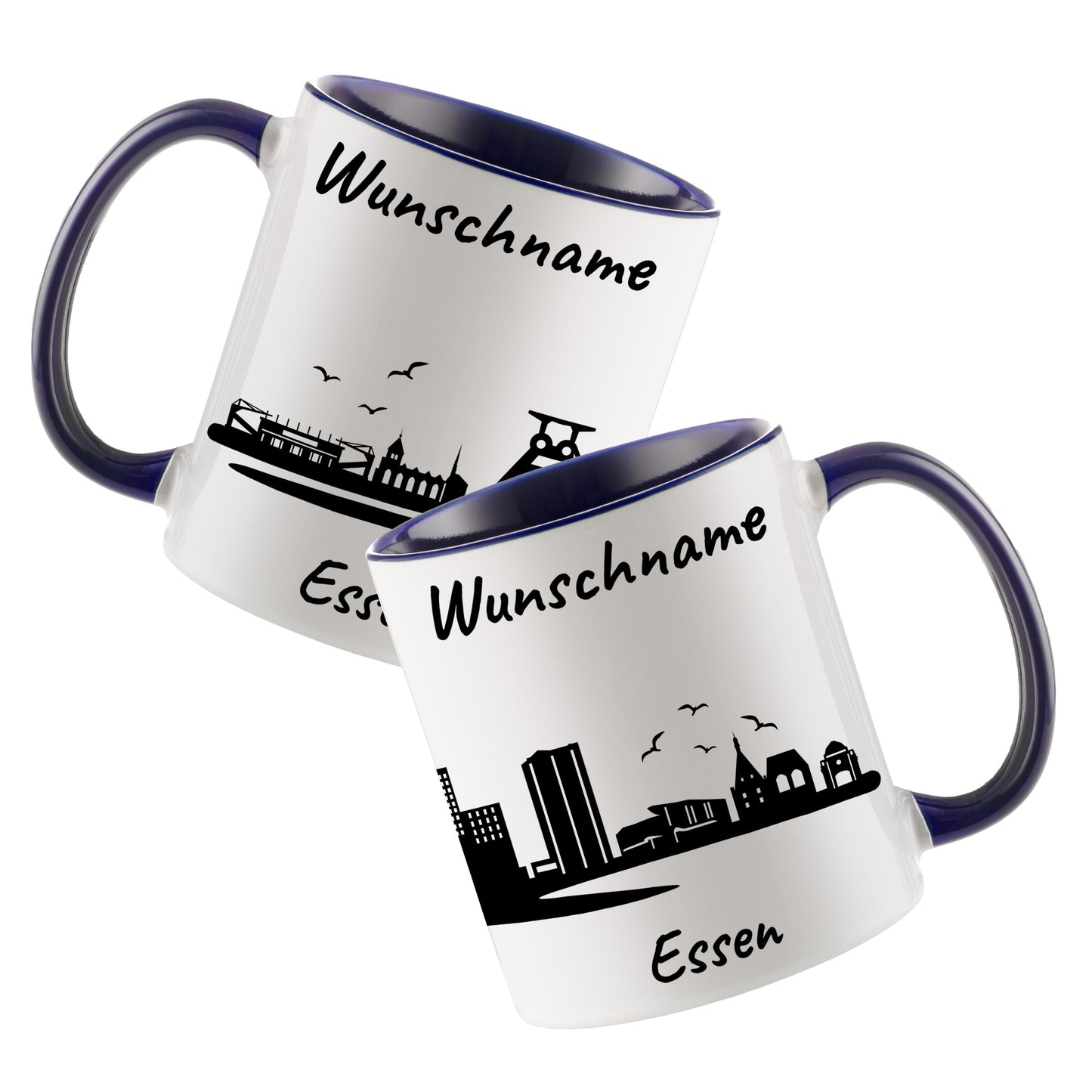 Tasse in Dunkelblau 330ml bedruckt mit der Skyline von Essen personalisierbar mit Wunschname
