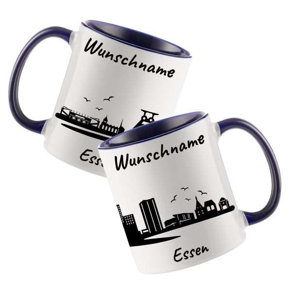 Tasse in Dunkelblau 330ml bedruckt mit der Skyline von Essen personalisierbar mit Wunschname