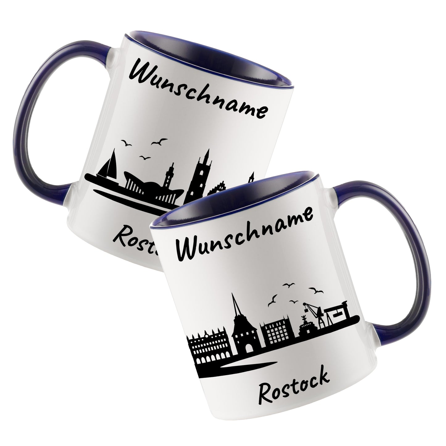 Tasse in Dunkelblau 330ml bedruckt mit der Skyline von Rostock personalisierbar mit Wunschname