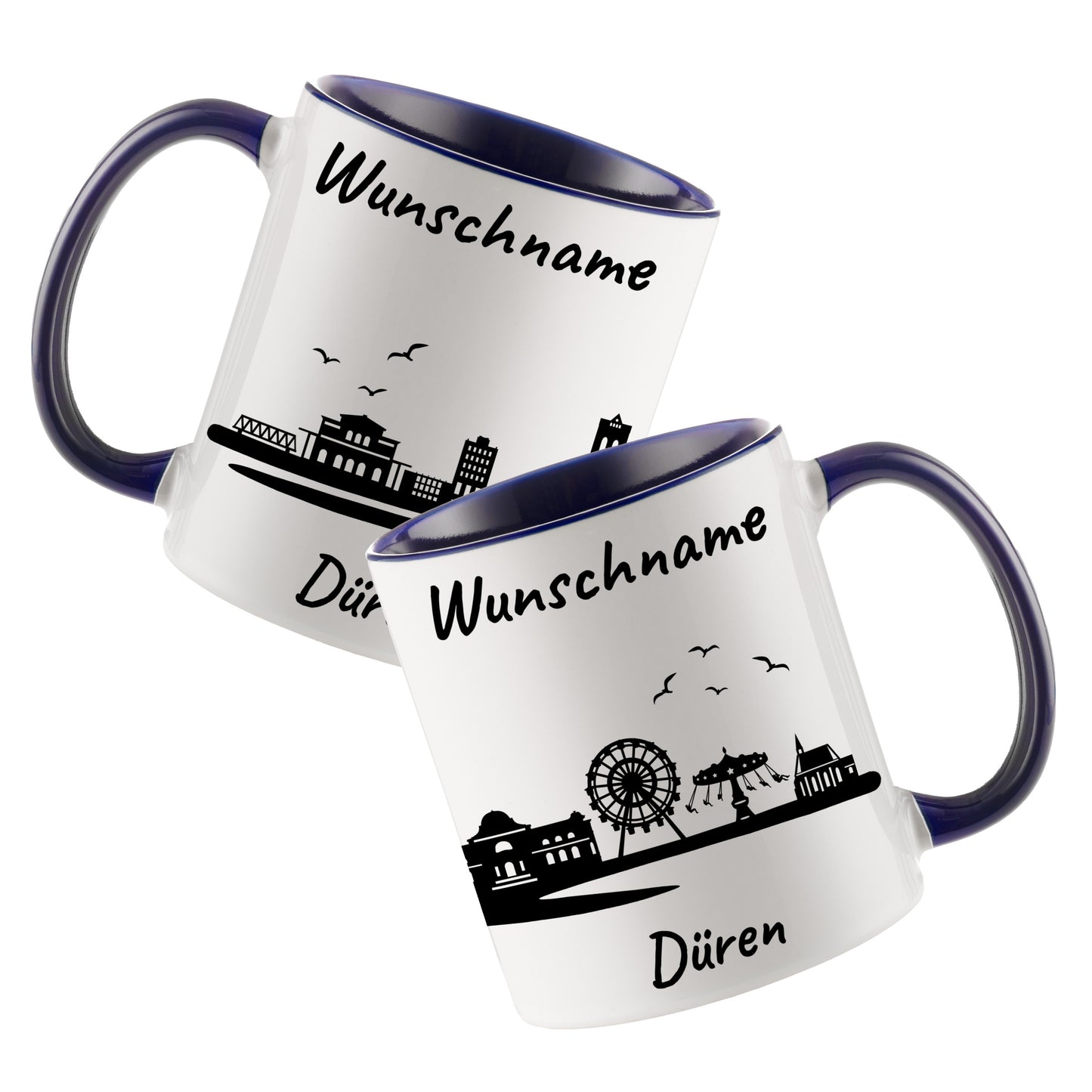 Tasse in Dunkelblau 330ml bedruckt mit der Skyline von Düren personalisierbar mit Wunschname