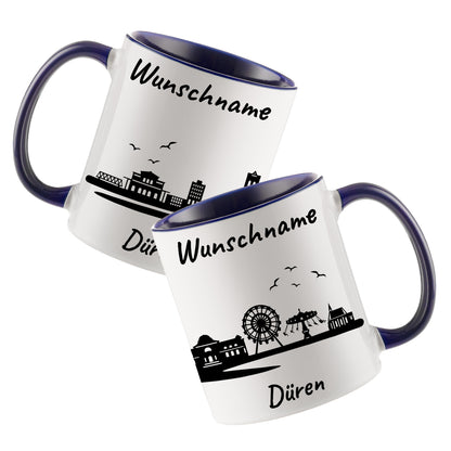 Tasse in Dunkelblau 330ml bedruckt mit der Skyline von Düren personalisierbar mit Wunschname