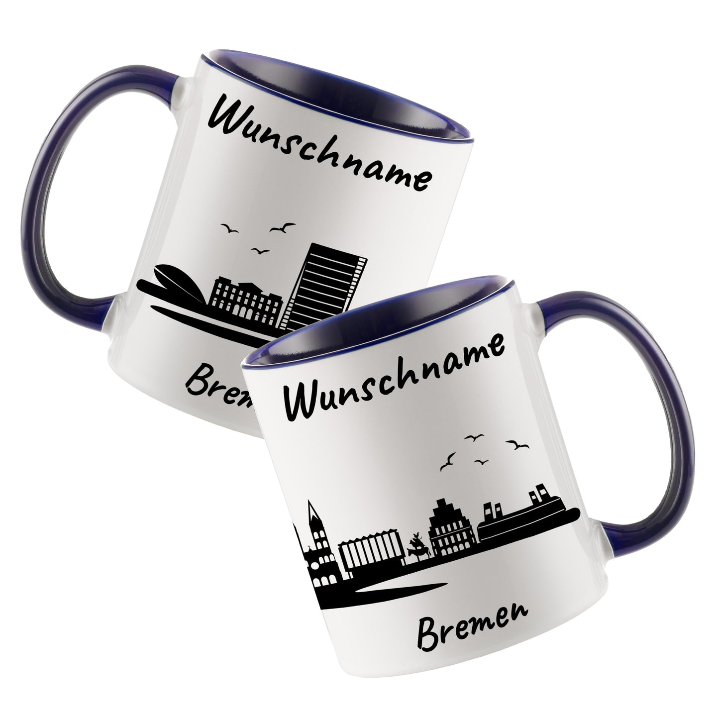 Tasse in Dunkelblau 330ml bedruckt mit der Skyline von Bremen personalisierbar mit Wunschname