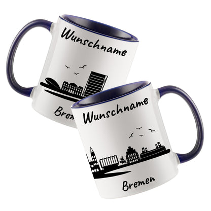 Tasse in Dunkelblau 330ml bedruckt mit der Skyline von Bremen personalisierbar mit Wunschname