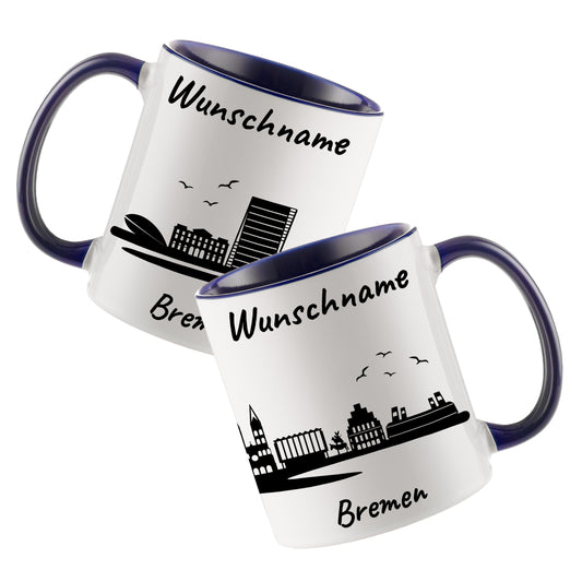 Tasse in Dunkelblau 330ml bedruckt mit der Skyline von Bremen personalisierbar mit Wunschname