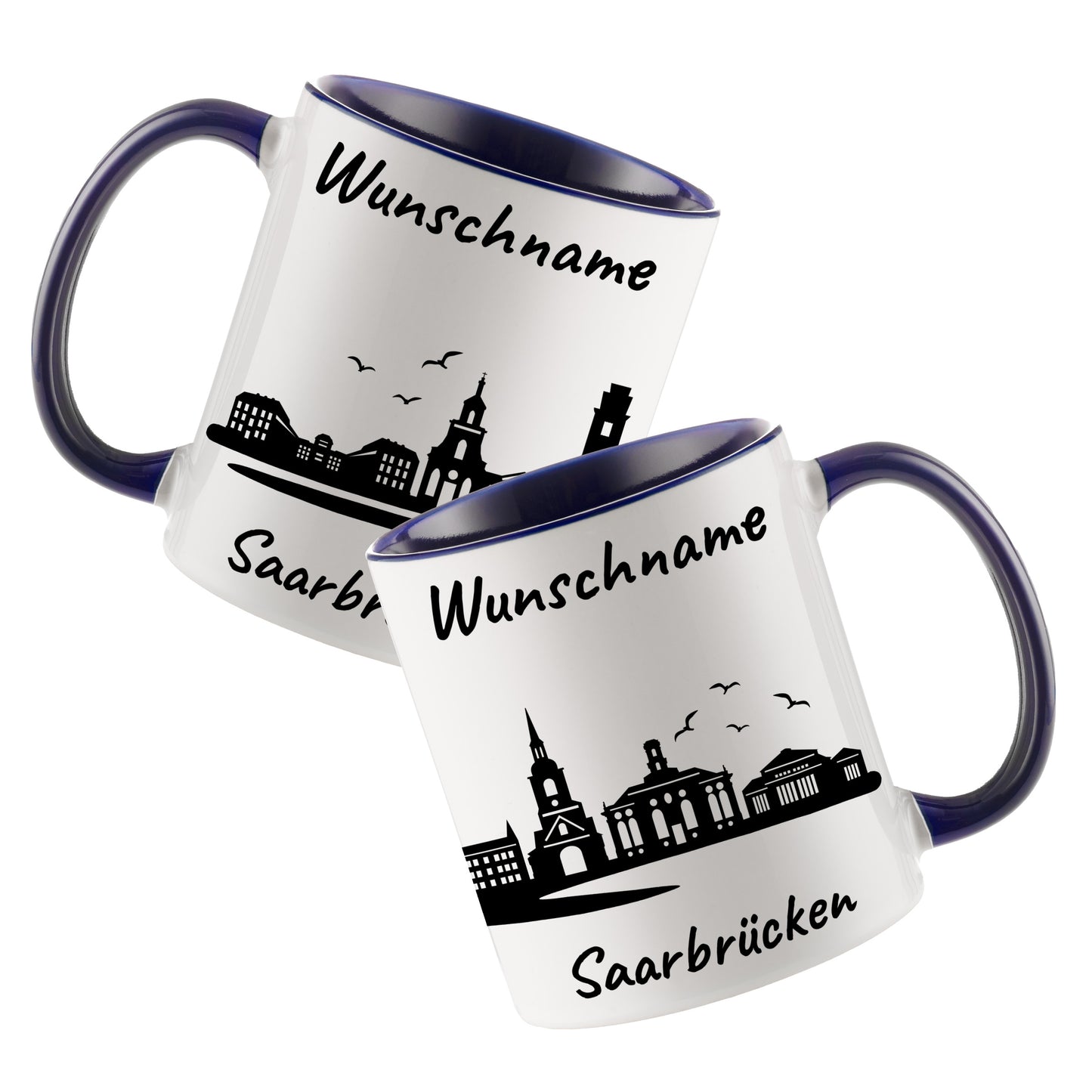 Tasse in Dunkelblau 330ml bedruckt mit der Skyline von Saarbrücken personalisierbar mit Wunschname