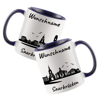 Tasse in Dunkelblau 330ml bedruckt mit der Skyline von Saarbrücken personalisierbar mit Wunschname