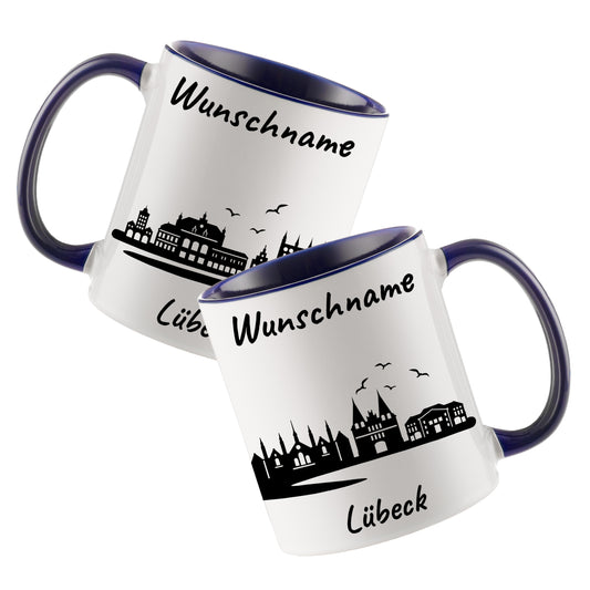 Tasse in Dunkelblau 330ml bedruckt mit der Skyline von Lübeck personalisierbar mit Wunschname
