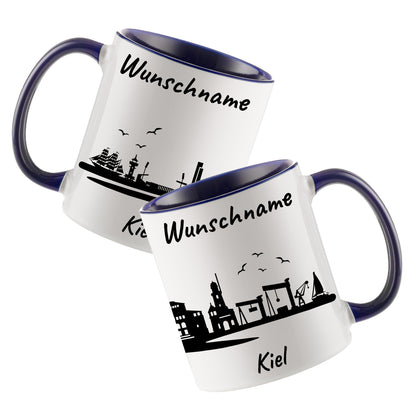 Tasse in Dunkelblau 330ml bedruckt mit der Skyline von Kiel personalisierbar mit Wunschname