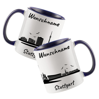 Tasse in Dunkelblau 330ml bedruckt mit der Skyline von Stuttgart personalisierbar mit Wunschname