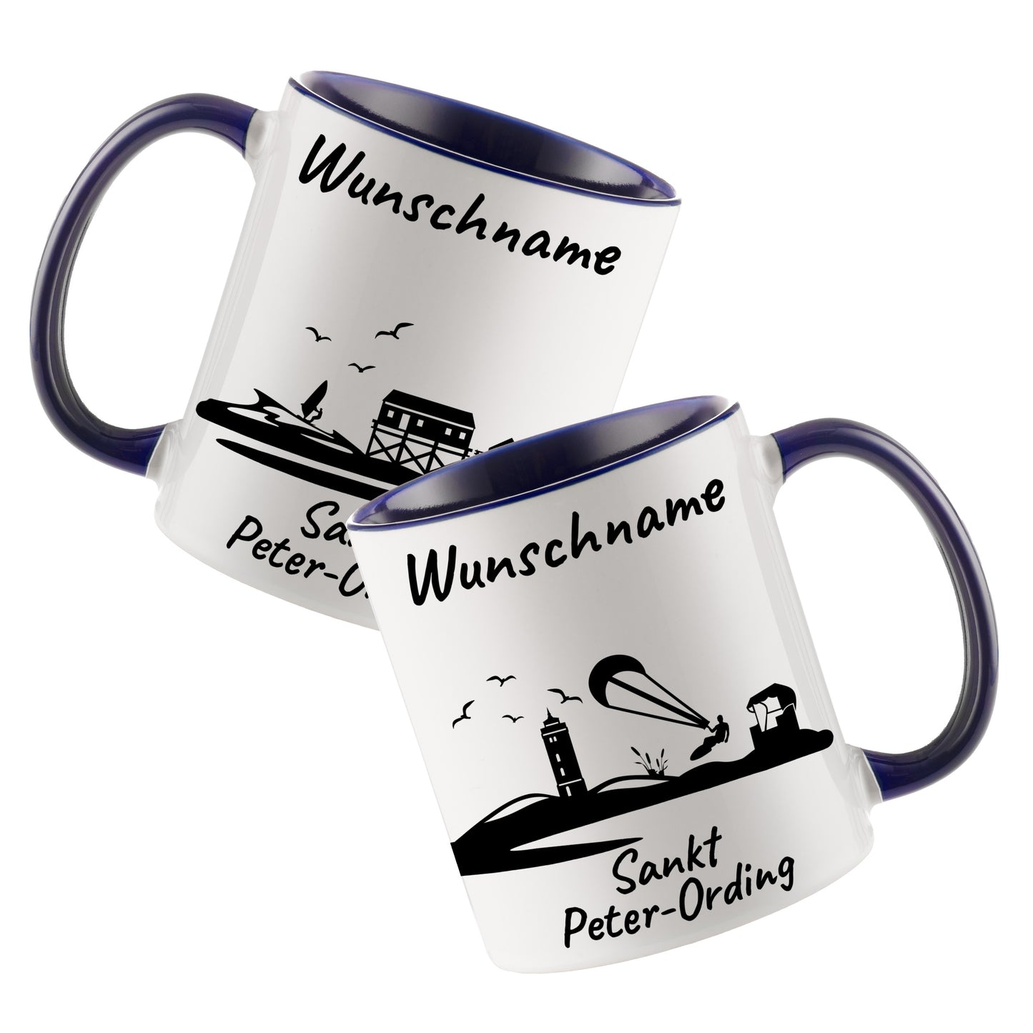 Tasse in Dunkelblau 330ml bedruckt mit der Skyline von Sankt Peter-Ording personalisierbar mit Wunschname