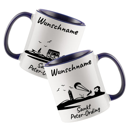 Tasse in Dunkelblau 330ml bedruckt mit der Skyline von Sankt Peter-Ording personalisierbar mit Wunschname