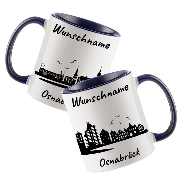 Tasse in Dunkelblau 330ml bedruckt mit der Skyline von Osnabrück personalisierbar mit Wunschname