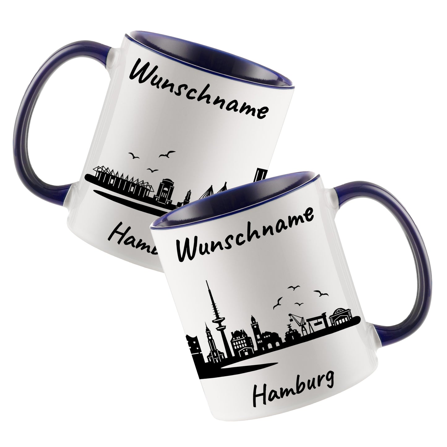 Tasse in Dunkelblau 330ml bedruckt mit der Skyline von Hamburg personalisierbar mit Wunschname