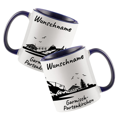 Tasse in Dunkelblau 330ml bedruckt mit der Skyline von Garmisch-Partenkirchen personalisierbar mit Wunschname