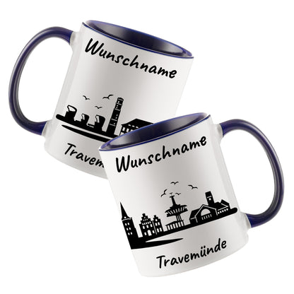 Tasse in Dunkelblau 330ml bedruckt mit der Skyline von Travemünde personalisierbar mit Wunschname