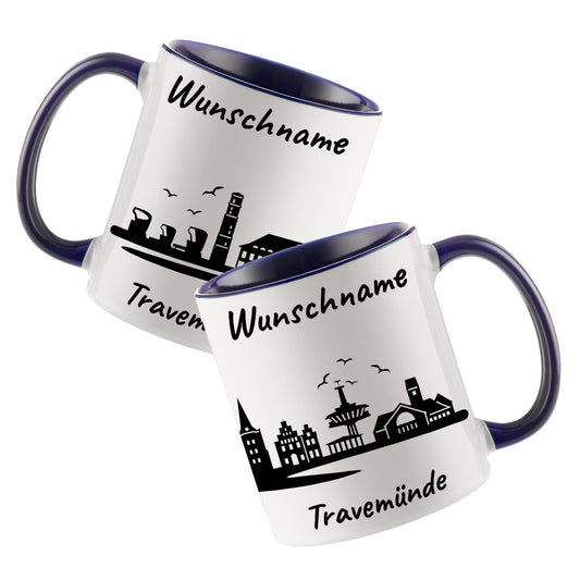 Tasse in Dunkelblau 330ml bedruckt mit der Skyline von Travemünde personalisierbar mit Wunschname