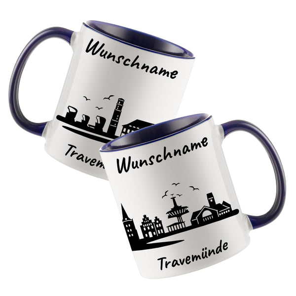 Tasse in Dunkelblau 330ml bedruckt mit der Skyline von Travemünde personalisierbar mit Wunschname