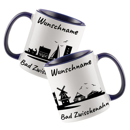 Tasse in Dunkelblau 330ml bedruckt mit der Skyline von Bad Zwischenahn personalisierbar mit Wunschname
