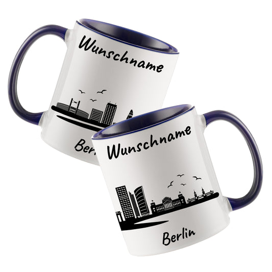 Tasse in Dunkelblau 330ml bedruckt mit der Skyline von Berlin personalisierbar mit Wunschname