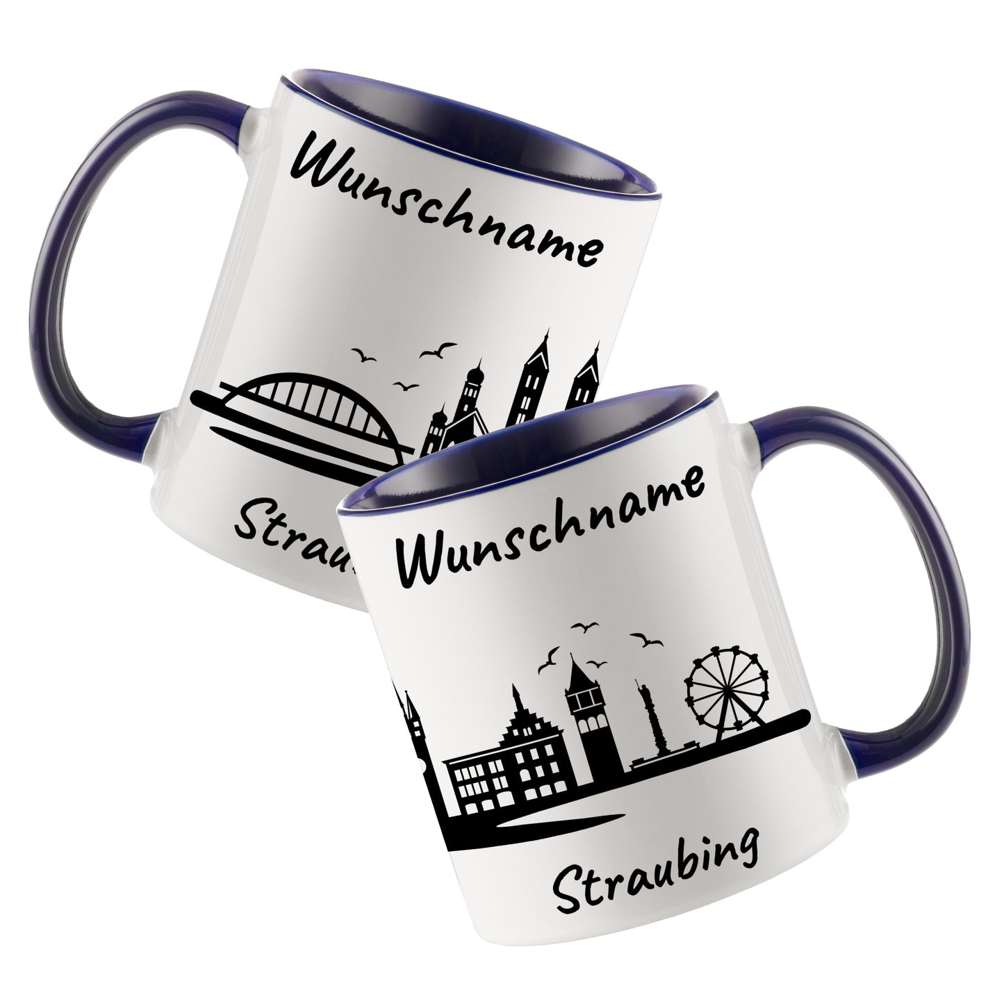 Tasse in Dunkelblau 330ml bedruckt mit der Skyline von Straubing personalisierbar mit Wunschname