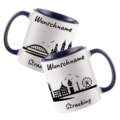 Tasse in Dunkelblau 330ml bedruckt mit der Skyline von Straubing personalisierbar mit Wunschname