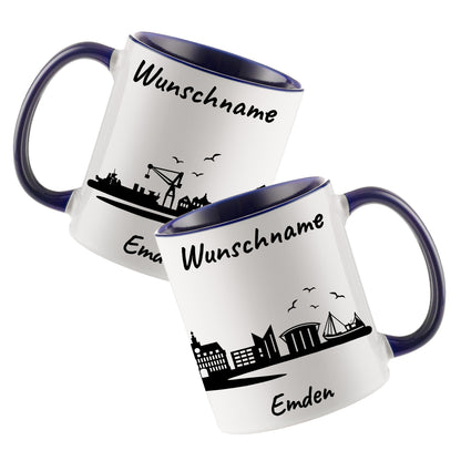 Tasse in Dunkelblau 330ml bedruckt mit der Skyline von Emden personalisierbar mit Wunschname